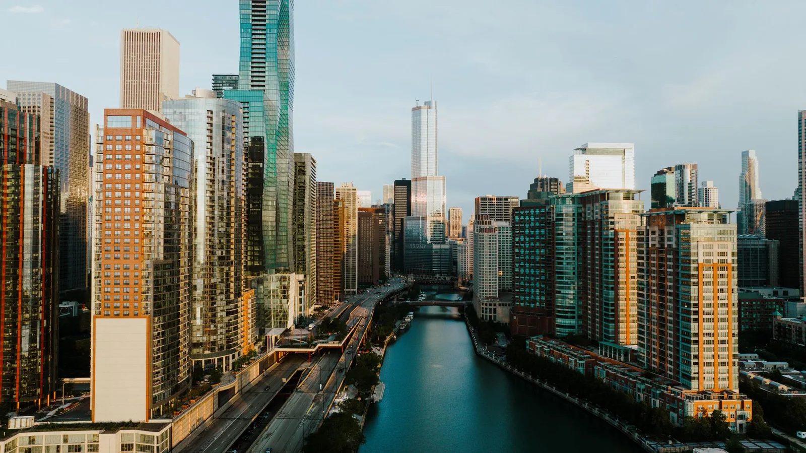 Commercial towers lining an urban river