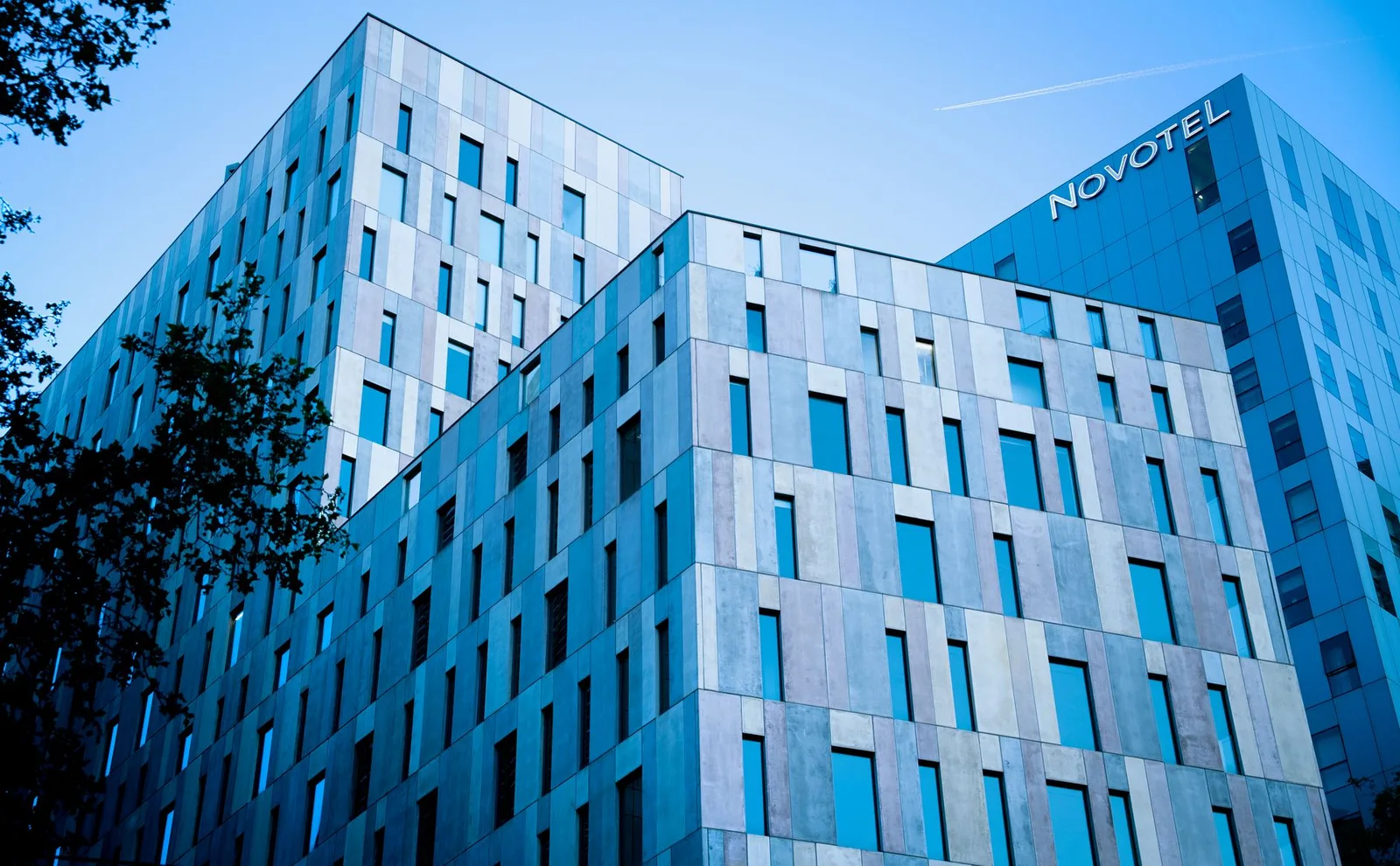 Urban hotel exterior with a geometric facade